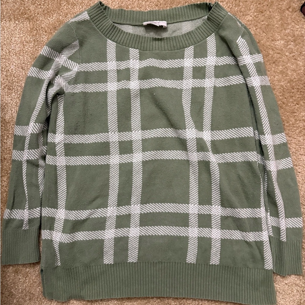 LOFT Green and White Crew Neck Sweater